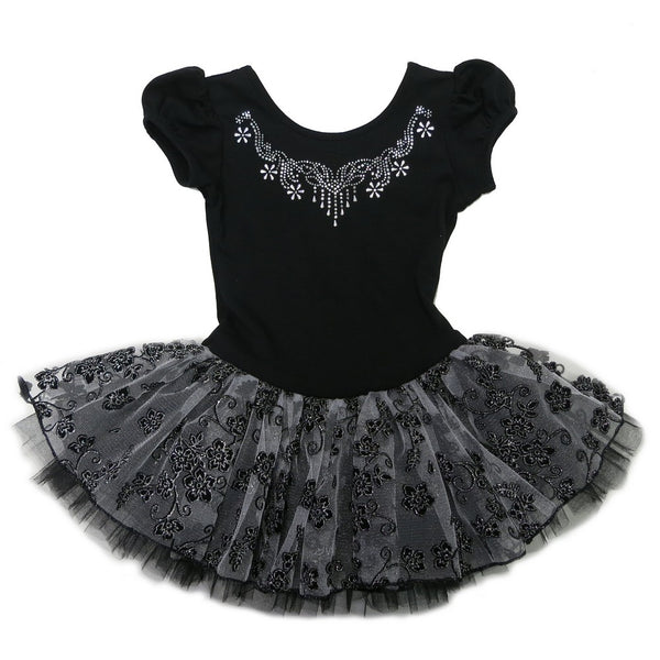 Little Girls Black Silver Flowers Short Sleeve Ballet Dress 24M-8 - SophiasStyle.com
